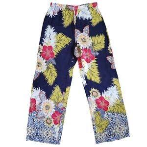 MELISSA PAIGE M 100% Rayon Wide Leg Navy Blue Yellow Tropic Floral Print Pants